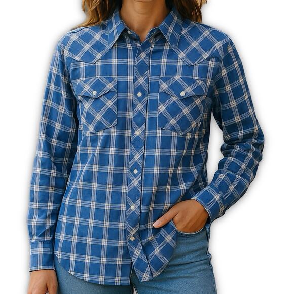 Youngbloods Western Pearl Snap Blue Plaid Shirt Rodeo Womens Large - Picture 1 of 13